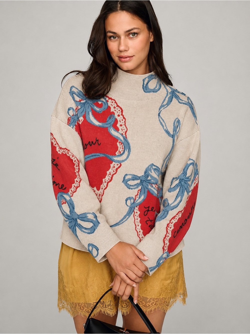 Anthropologie Maeve | Carys Mock Neck Sweater L’amour Red Heart Bow Motif NWT S